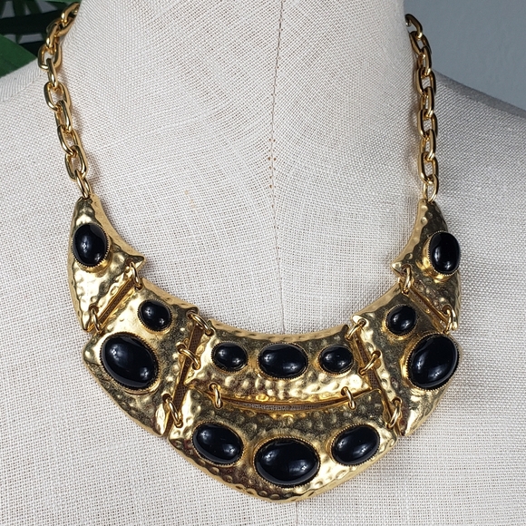Graziano Hammered Gold w/ Black Cabochon Stones Bold Statement Egyptian Revival